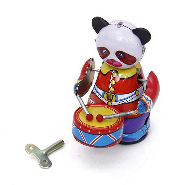 Vintage Collectibles Toys - Aufziehbares Uhrwerk-Panda-Schlagzeuger-Spielzeug im Vintage-Stil, Sammlerstück, Metalltierfigur,
